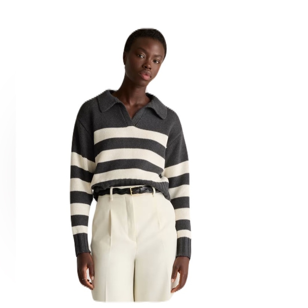 Quince 100% Organic Cropped Cotton Polo Sweater Charcoal/Off White XS